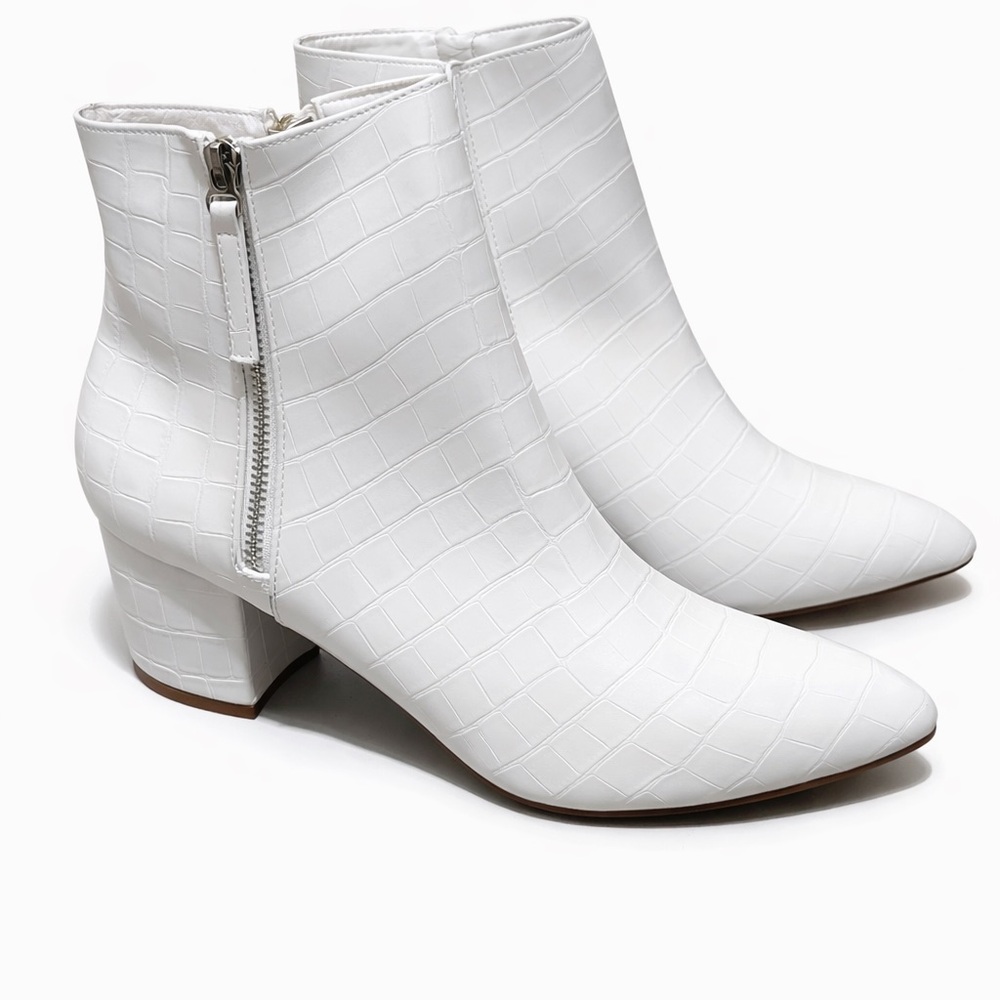 J. Adams White Croc-Embossed Ankle Boots with Block Heel NEW